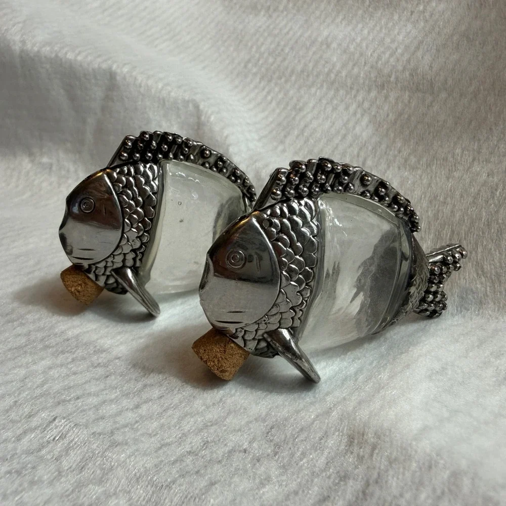 Vintage Silver Tone Metal and Glass Fish Salt and Pepper Shaker Set with Corks